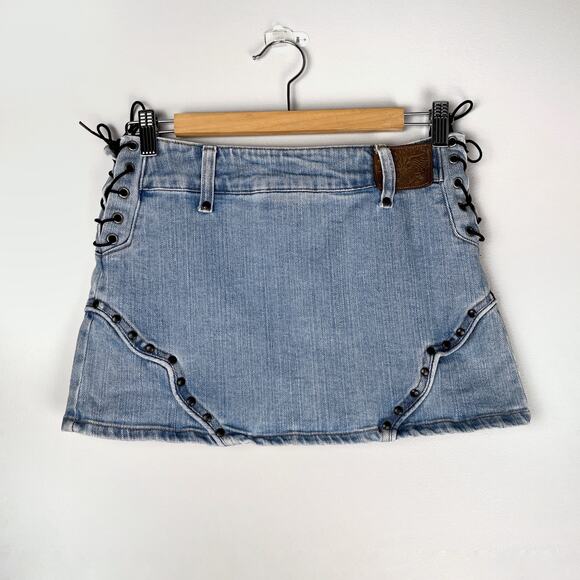 Vintage Lip Service Denim Lace Up Mini Jean Skirt Light Wash Blue Y2K Western - Picture 4 of 16